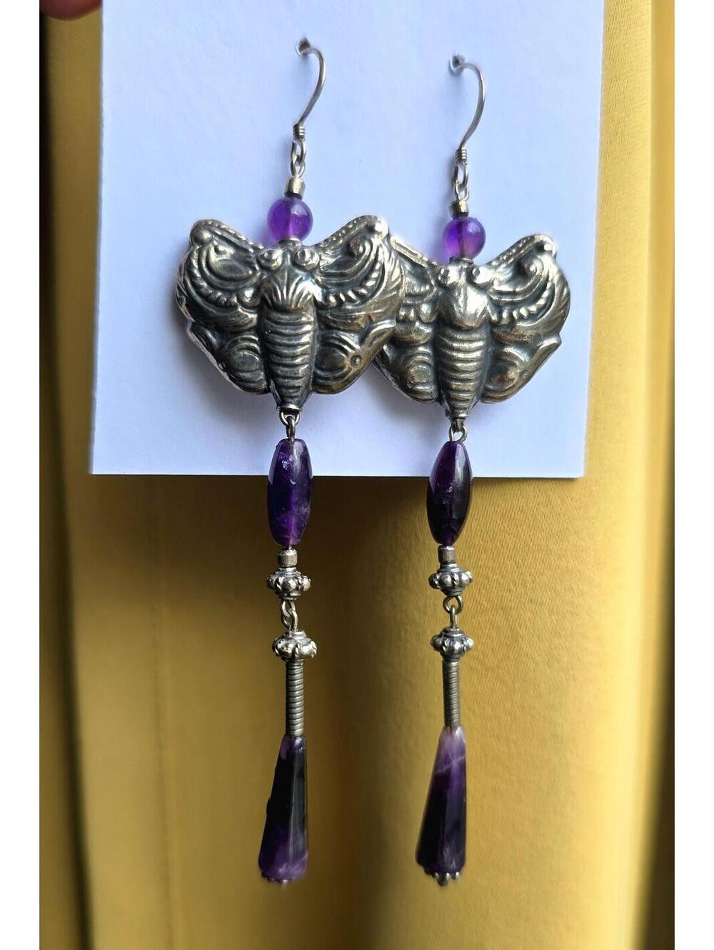 Vintage Sterling Silver Hand hammered Death Moth and Amethyst Earrings